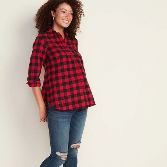 Maternity Plaid Flannel Popover Shirt Green/Blue​ - Picture 4 of 7